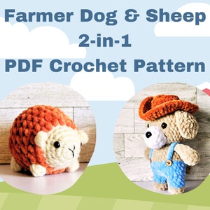 Könnte beinhalten: Ein Häkelmuster für einen Bauernhund und ein Schaf. Das Muster ist ein 2-in-1-PDF-Häkelmuster. Das Bild zeigt ein braunes und weißes Schaf und einen braunen Hund, der einen blauen Overall und einen braunen Cowboyhut trägt.