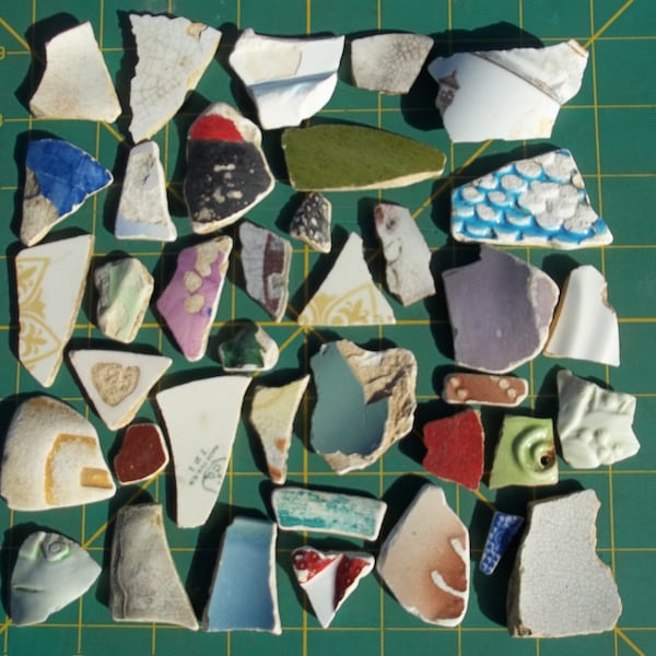 38 Pieces Broken Pottery Reclaimed Salvage Water Worn Creek Finds Mosaic Art Craft Supplies Weathered Curated Lot Blue White #21
