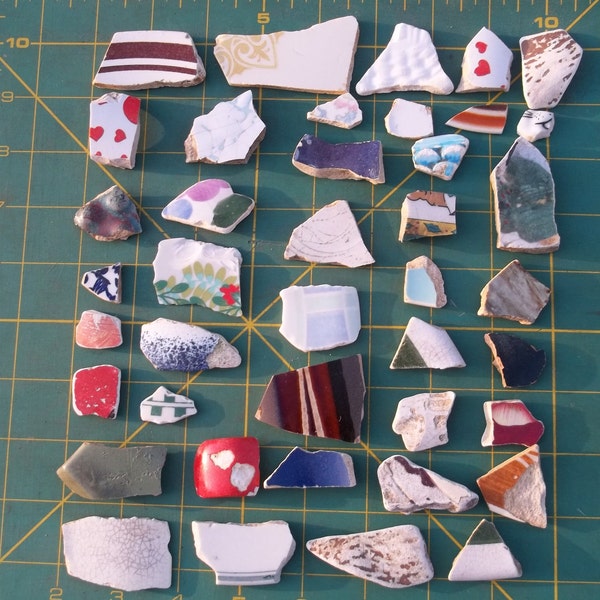 41 Pieces Broken China Pottery Reclaimed Salvage Water Worn Creek Finds Mosaic Art Craft Supplies Weathered Curated Lot Blue White #79