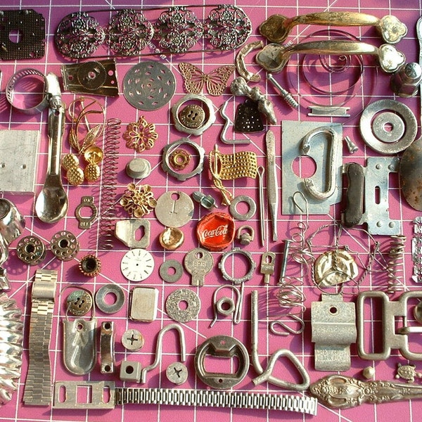 91 Mixed Metal Bits and Pieces Over 1 Pound Altered Art Assemblage Junk Drawer Broken Jewelry Watch Parts Steampunk Farmhouse Lot 8