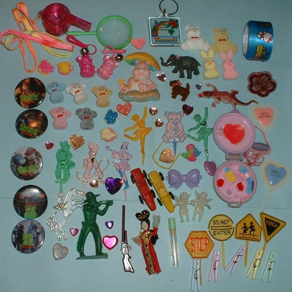 76 Piece Junk Drawer Lot Kitsch Collection Flocked Animals Bunny Hearts Cupcake Picks Toys Altered Art Shadow Box Jewelry Making Lot 27