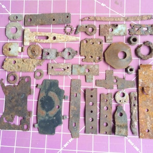 32 Rusty Metal Pieces with Holes Altered Art Supplies Assemblage Projects Sculpture Industrial Salvage Crafting Rust Dyeing Dye Lot 104