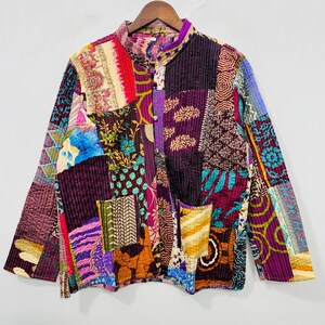 Quiltad sidenjacka | Handgjord kort lapptäcke Boho indisk vintage överrock, Damkappa
