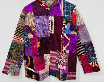 Vintage Boho Quilted Jacket | Silk Patchwork Indian Short Handmade Women Overcoat