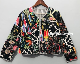 Cotton Women's Quilted Jacket Block Printed Quilted Handmade Jackets, Coat Holidays Gifts Button Closer Jacket for Women Gifts