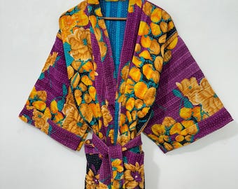 Vintage Kantha Quilted Jacket Women | Indian Handmade Cotton Coat, Boho Long Overcoat