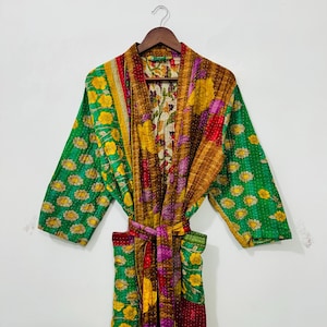 Reversible Kantha Kimono Robe: Vintage Cotton Jacket, Handmade in India