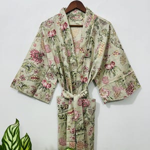 Olive Green Floral Cotton Kimono Robe: Boho Chic Wrap