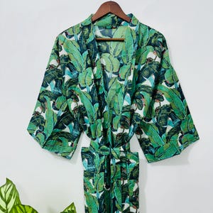 Green Leaf Cotton Kimono Robe: Handmade Floral Bathrobe