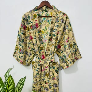 Indian Handmade Leaf print Robe, Lightweight Cotton Women Bathrobe, Handmade Kimono Robe, Gift For Her,