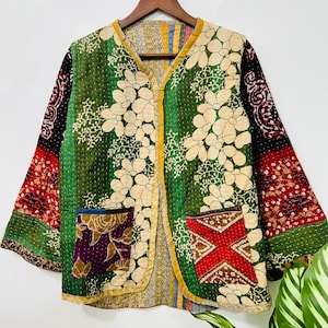 Handmade Kantha Jacket: Reversible Floral Boho Coat