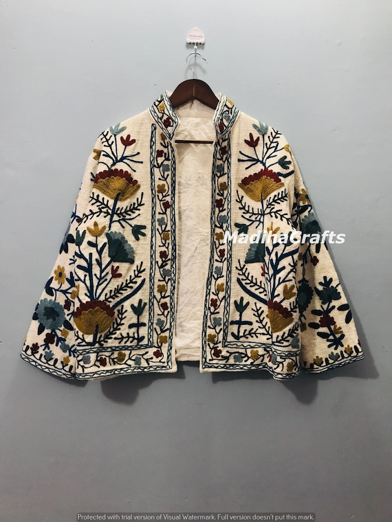 Floral Suzani Kantha Jacket: Boho Embroidered Cotton (Handmade)