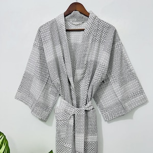 Indian Block Print Cotton Kimono Robe: Boho Floral Wrap