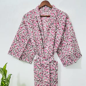 Handmade Indian Cotton Kimono: Floral Block Print Boho Robe