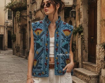 Handmade Suzani Vest | Boho Vintage Embroidered Coat, Summer Cotton TNT Jacket, Gift For Her