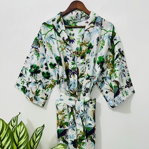 Cotton Kimono with Pockets – Bright Floral Print, Cotton Loungewear, Indian Handmade Cotton Bathrobe, Gift For Her,