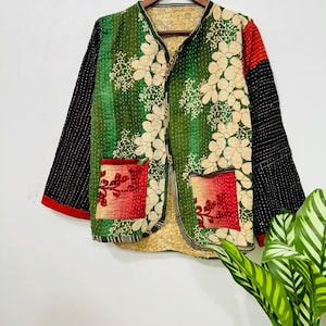 Reversible Kantha Cotton Jacket: Hand-Stitched Floral Boho Coat