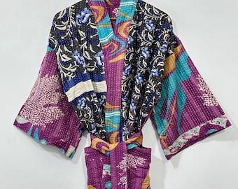 Indian Kantha Long Coat | Boho Quilted Cotton Women Jacket, Handmade Vintage Overcoat