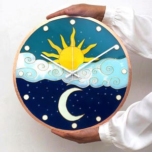 Hand-Painted Sun Moon Wall Clock, Copper Finish, Glow-in-the-Dark Celestial Art