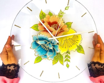 Hand-Painted Floral Stained Glass Clock: Boho Living Room Decor