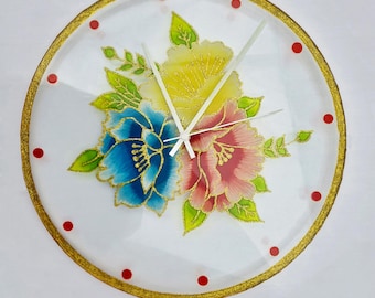 Hand-Painted Stained Glass Floral Clock: Boho Silent Wall Decor