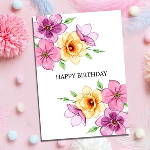 belle carte de voeux de joyeux anniversaire | Conception de bouquet | Téléchargement instantané | Charmantes teintes vives