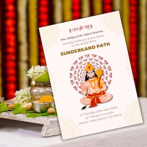 May include: A white invitation card with a red and gold design. The card features a Hindu deity, a circle of text in Hindi, and the text "Sundekand Path" in bold, black letters. The card also includes the text "on Sunday, 20th April 2025 at 7:00 pm onwards Venue: State Name City Name".