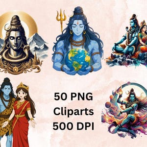 Può includere: Una collezione di cinque illustrazioni digitali raffiguranti divinità indù. Le immagini mostrano opere d'arte dettagliate con colori vivaci, tra cui rappresentazioni di Shiva, Parvati e altre figure. Il testo "50 PNG Cliparts 500 DPI" è incluso.
