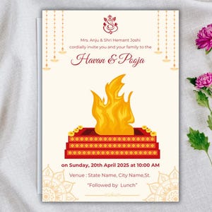 Invitación premium para ceremonia de Havan / Plantilla personalizable para pooja hindú / Invitación digital para ritual de fuego / Descarga instantánea