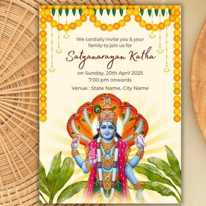May include: Invitation to a Satyanarayan Katha ceremony on Sunday, April 20th, 2025 at 7:00 pm. The invitation features a colorful illustration of Lord Vishnu, surrounded by flowers and leaves.