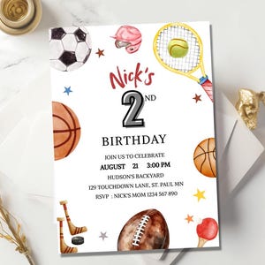 Geburtstagsparty einladen | Entzückende Geburtstagsdesign | Sport und Spiele Thema | Sofort Download