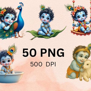 May include: Digital art featuring five illustrations of a blue-skinned deity with a peacock, on a leaf, on a swing, in a bowl, and with a lamb. Each figure has a peacock feather in their hair. The text "50 PNG 500 DPI" is also present.