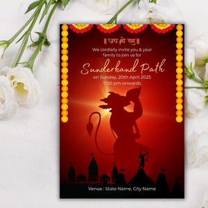 May include: An invitation to a Sunderkand Path event on Sunday, April 20th, 2025 at 7:00 pm. The invitation features a silhouette of the Hindu deity Hanuman against a red background with a garland of yellow flowers on the side. The text "Jai Shree Ram" is written in Hindi at the top of the invitation.