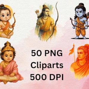 May include: A collection of five watercolor-style clip art images featuring depictions of Hindu deities. The illustrations showcase figures with bows and arrows, and one is writing in a book. The text "50 PNG Cliparts 500 DPI" is also included.