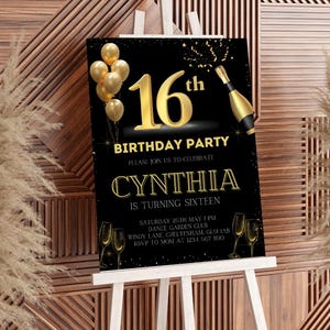16.Geburtstags-Party einladen | Glam Feier| Funkelt und Ballons | Sofortiger Vorlagendownload| Klassische Goldakzente | Lustiges B'day Bash