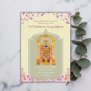 Invitación al aniversario de Sri Venkateshwara Swamy Kalyanam / Plantilla personalizable / Tarjeta digital de celebración hindú / Puja del sur de la India