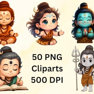 May include: Five cartoon illustrations of Hindu deities in various poses. The images feature figures with orange and brown clothing, jewellery, and facial markings. The image includes the text "50 PNG Cliparts 500 DPI."