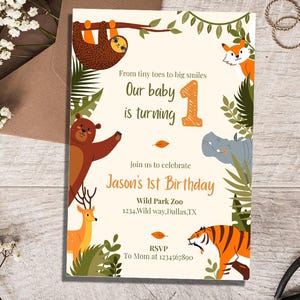 Wild Park 1st Birthday Einladung Vorlage | Spaß & süßes Tiermotiv | Sofort Download für ein freudiges Fest