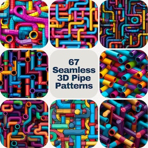 May include: A collection of 67 seamless 3D pipe patterns in various colors, including red, blue, yellow, green, purple, and orange. The patterns are arranged in a grid format.