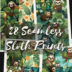 Op de afbeelding: 28 naadloze luiaardprints met luiaards in verschillende poses omringd door weelderig groen, tropische bloemen en palmbomen. De prints zijn perfect om unieke en leuke ontwerpen te maken voor stoffen, behang en andere creatieve projecten.