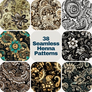 May include: A set of 38 seamless henna patterns in various styles, featuring intricate floral and paisley designs in black, white, gold, and teal.