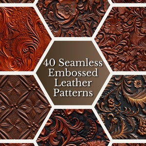 May include: A selection of 40 seamless embossed leather patterns. The patterns showcase detailed floral and geometric designs in brown and black hues. The text "40 Seamless Embossed Leather Patterns" is centrally displayed.