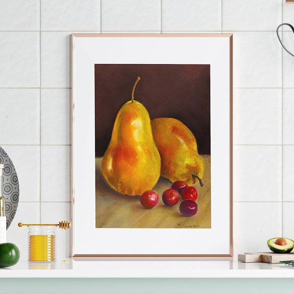 Yellow Pears and Grapes Art,Hand Made Original Painting,Fruits Warm Colors Art, Pears Soft Pastel Technique, Pears and Grapes CompositionArt