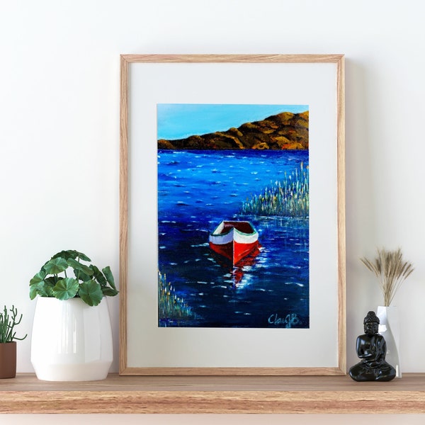 Acrylic Lake and Boat Picture, Nature Lake Acrylic Art,Red White Boat at the Lake Acrylic Art, Lake Mountains Landscape Art Lake Acrylic Art