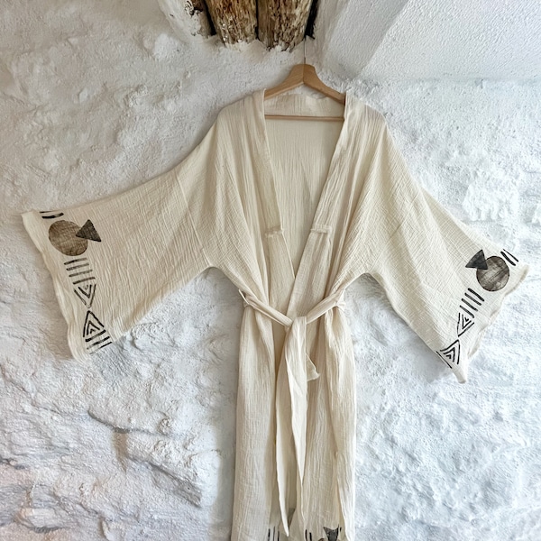 Handmade, Organic,100% Premium Turkish Cotton Cozy Robe,  Boho Festival Kimono, Wood Block Printed,  Beach dress, Kimono, Unisex Kimono