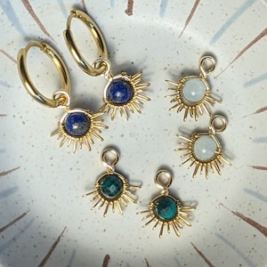 Handmade natural stone creole pendants, 'Solis' sun earrings in Lapis lazuli, Aquamarine and Malachite