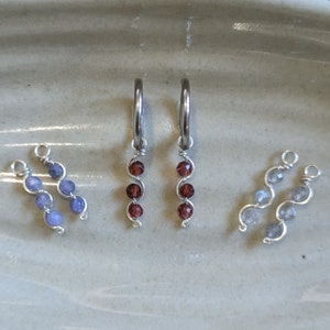 Silver Creole Pendants in Natural Stones, Handmade 'Fluctus' Earrings in Garnet, Tanzanite and Labradorite