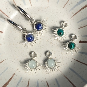 Silver 'Solis' creole pendants // handmade natural stone earrings - sun pendant