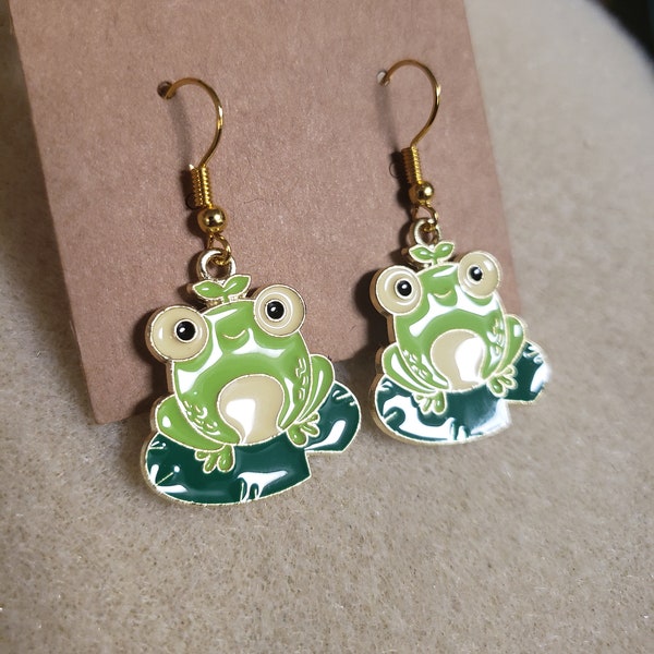 Enamel Green Frog on a Lilypad Earrings | Shiny Zinc Alloy Earrings | Frog Earrings