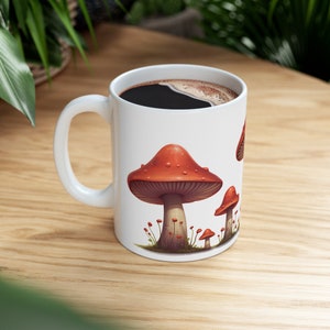 Red Mushrooms Coffee Mug, Mushroom Tea Cup, 11oz Mug, Fly Amanita, Nature Lover Gift, Foraging Theme